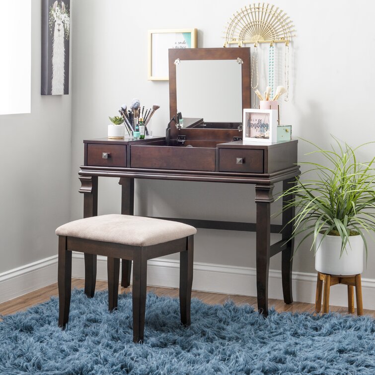 Wooden vanity set online with stool